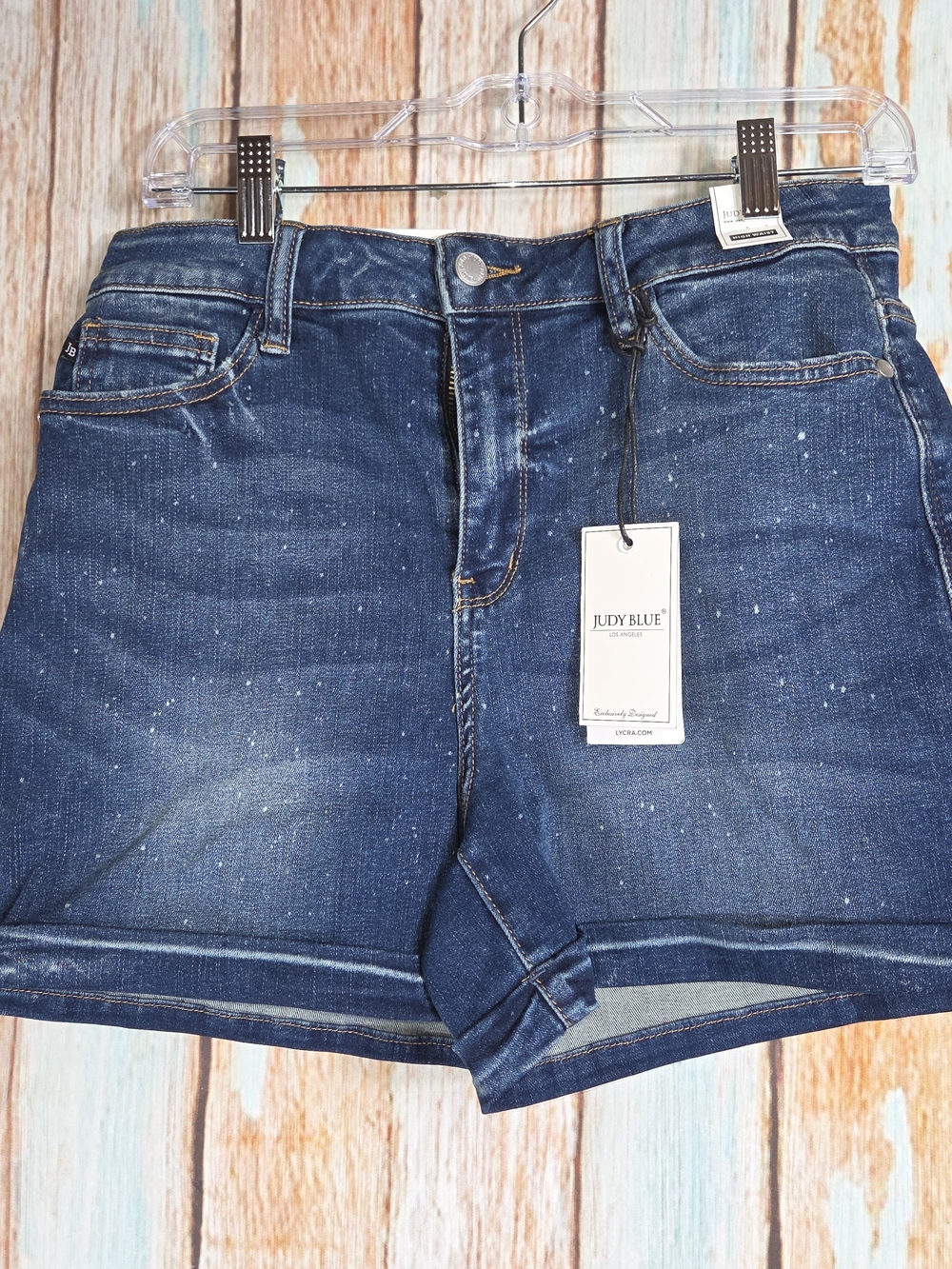 Judy Blue Indigo High-waisted Denim Shorts with Speckle Detail. NWT. Size L